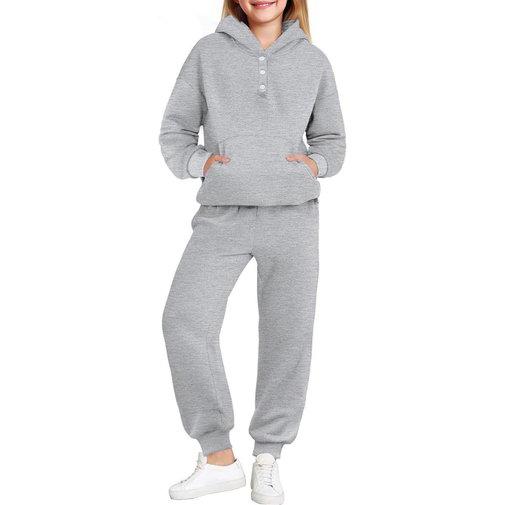 imageArshiner Girls 2 Piece Outfits Fashion Sweatsuits Button Down Hooded Sweatshirt and Sweatpants with Pockets Kids TracksuitGrey