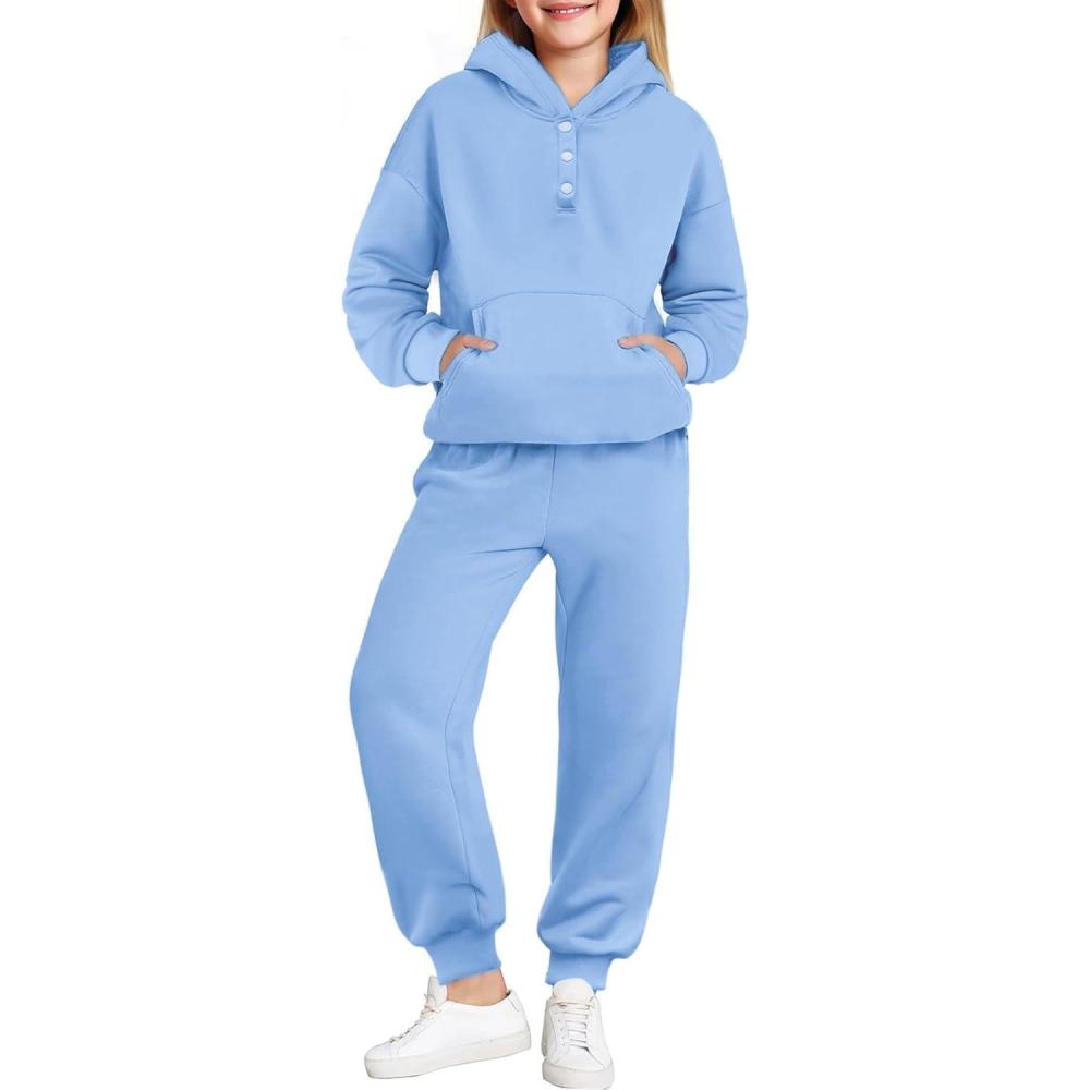 imageArshiner Girls 2 Piece Outfits Fashion Sweatsuits Button Down Hooded Sweatshirt and Sweatpants with Pockets Kids TracksuitLight Blue