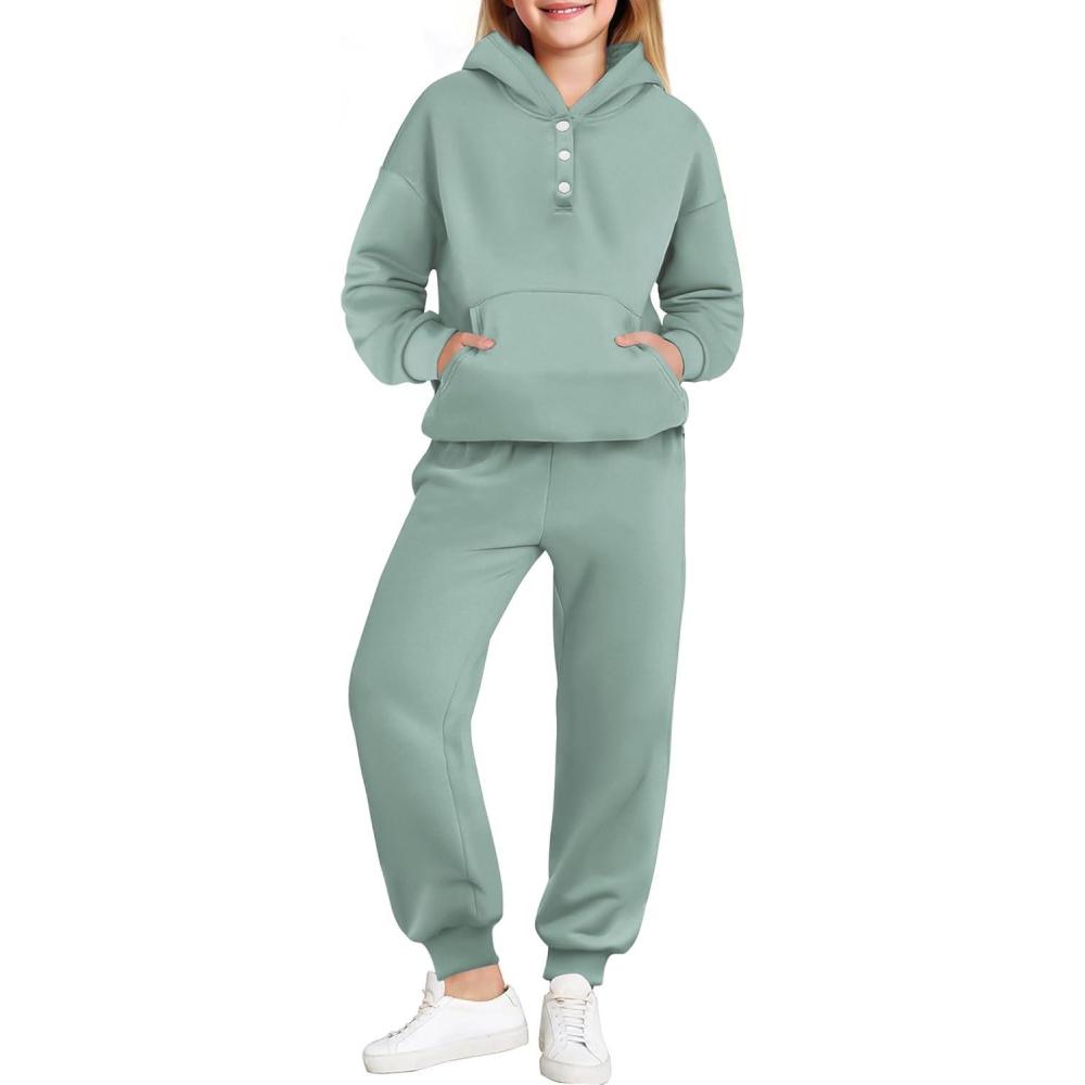 imageArshiner Girls 2 Piece Outfits Fashion Sweatsuits Button Down Hooded Sweatshirt and Sweatpants with Pockets Kids TracksuitLight Green