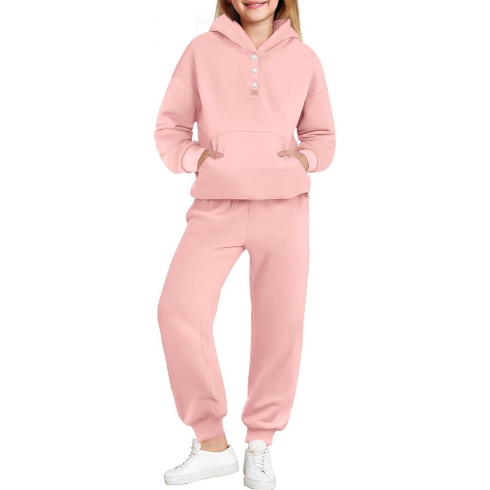 imageArshiner Girls 2 Piece Outfits Fashion Sweatsuits Button Down Hooded Sweatshirt and Sweatpants with Pockets Kids TracksuitLight Pink