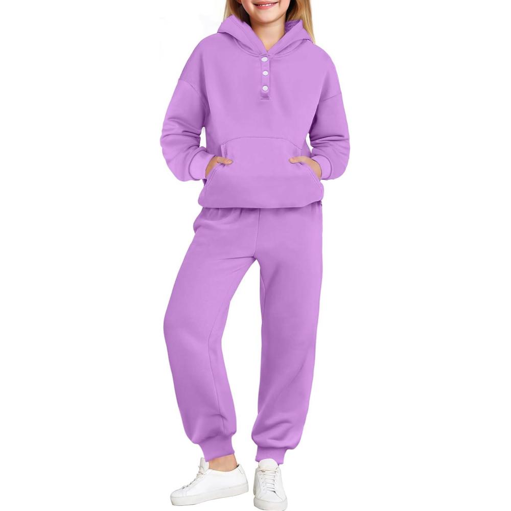 imageArshiner Girls 2 Piece Outfits Fashion Sweatsuits Button Down Hooded Sweatshirt and Sweatpants with Pockets Kids TracksuitPurple