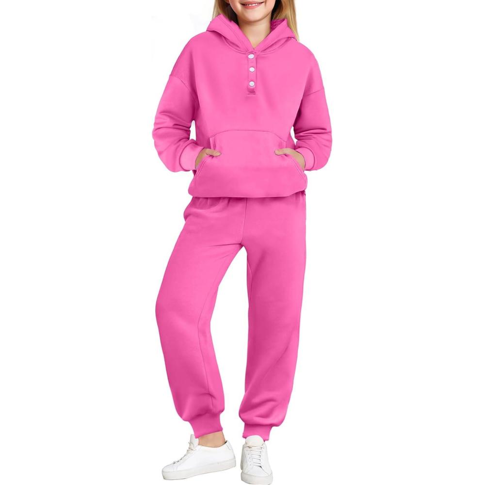 imageArshiner Girls 2 Piece Outfits Fashion Sweatsuits Button Down Hooded Sweatshirt and Sweatpants with Pockets Kids TracksuitRose Pink