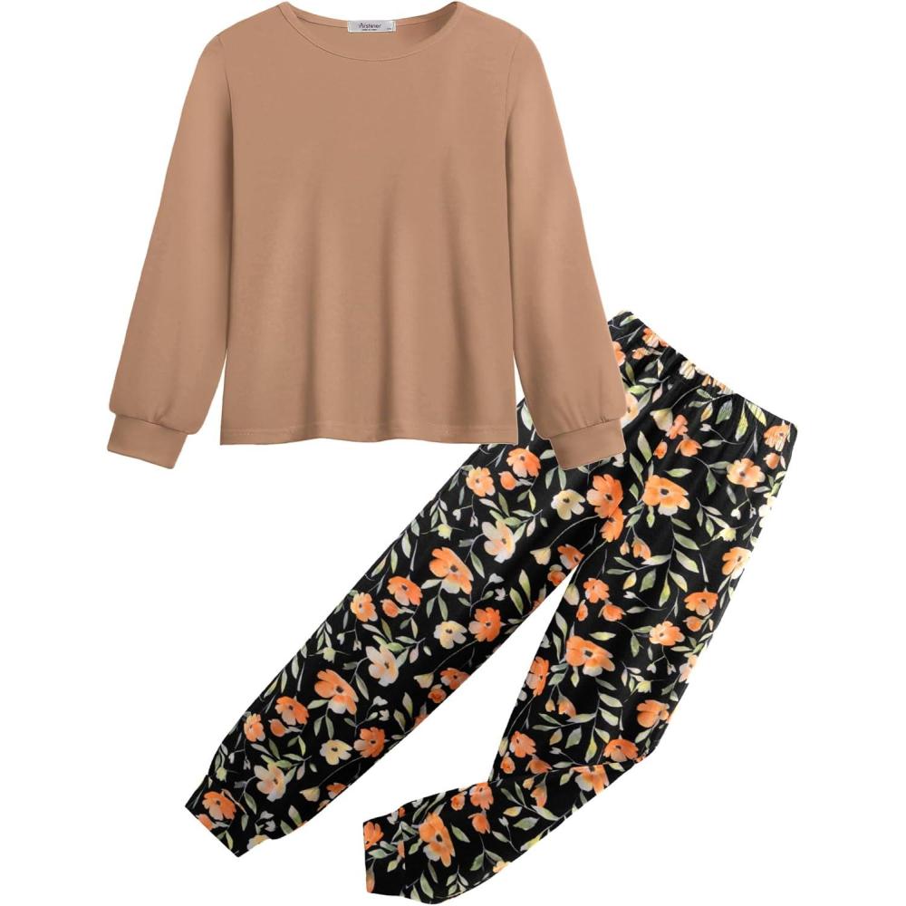 imageArshiner Girls 2 Piece Outfits Fashion Tracksuits Long Sleeve Pullover Sweatshirt and Sweatpants Jogger Set with PocketsBrownfloral