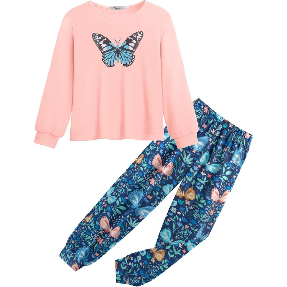 imageArshiner Girls 2 Piece Outfits Fashion Tracksuits Long Sleeve Pullover Sweatshirt and Sweatpants Jogger Set with PocketsPinkfloral
