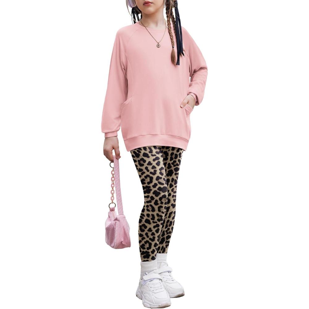 imageArshiner Girls 2 Piece Outfits Long Sleeve Raglan Top with Pockets and Slim Fit Pants Daily Wear Set for 614YClassic Leopard