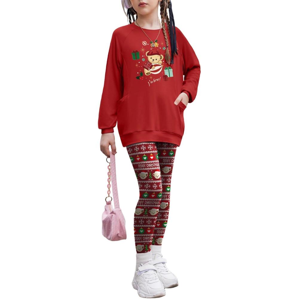 imageArshiner Girls 2 Piece Outfits Long Sleeve Raglan Top with Pockets and Slim Fit Pants Daily Wear Set for 614YTeddy