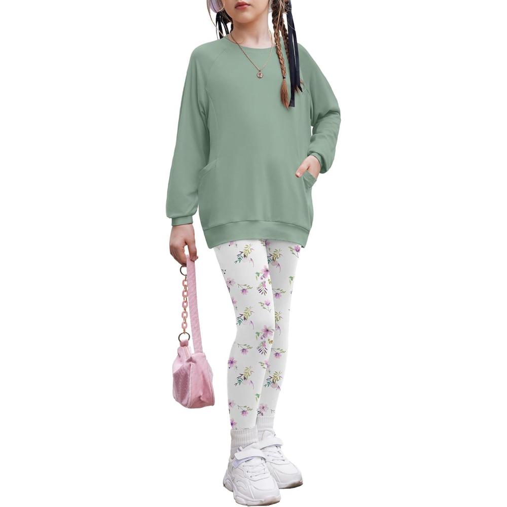 imageArshiner Girls 2 Piece Outfits Long Sleeve Raglan Top with Pockets and Slim Fit Pants Daily Wear Set for 614YWhite Floral