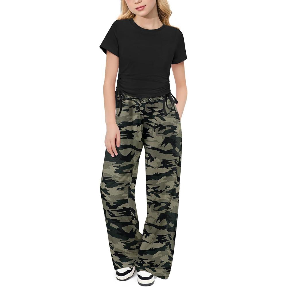 imageArshiner Girls 2 Piece Outfits Short Sleeve Ruched Drawstring Crewneck Tops and Wide Leg Pants with Pockets Clothing SetsBlackcamouflage