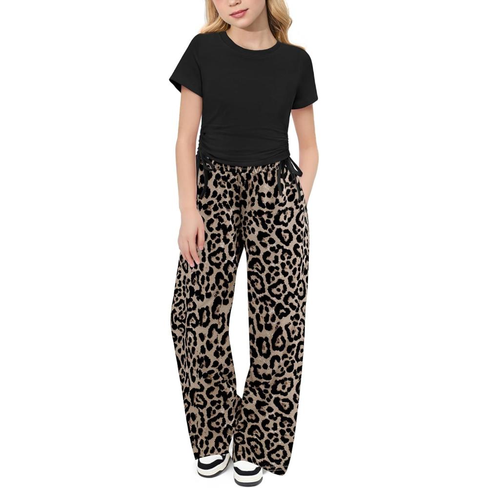 imageArshiner Girls 2 Piece Outfits Short Sleeve Ruched Drawstring Crewneck Tops and Wide Leg Pants with Pockets Clothing SetsBlackleopard