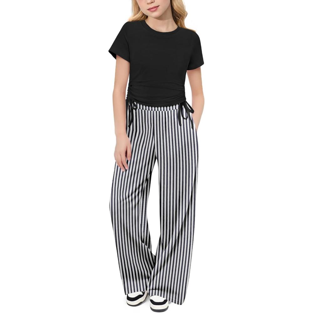 imageArshiner Girls 2 Piece Outfits Short Sleeve Ruched Drawstring Crewneck Tops and Wide Leg Pants with Pockets Clothing SetsBlackstripe