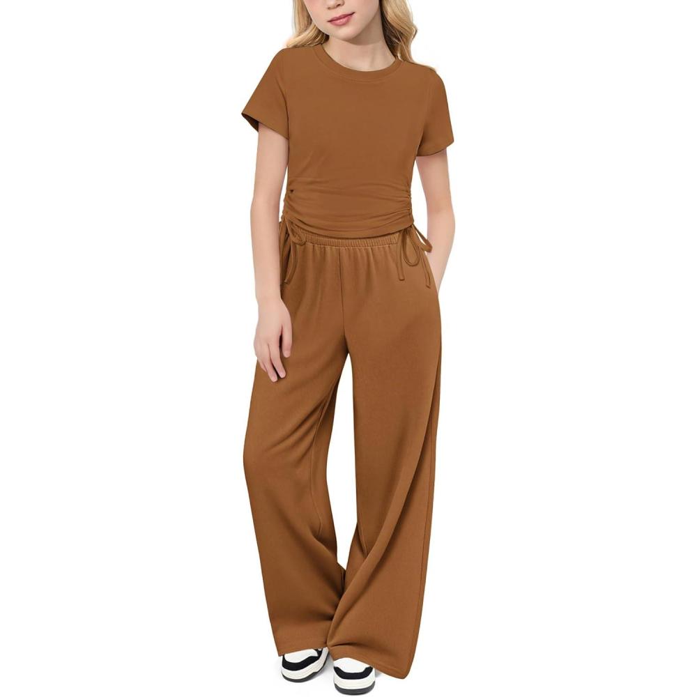 imageArshiner Girls 2 Piece Outfits Short Sleeve Ruched Drawstring Crewneck Tops and Wide Leg Pants with Pockets Clothing SetsBrown