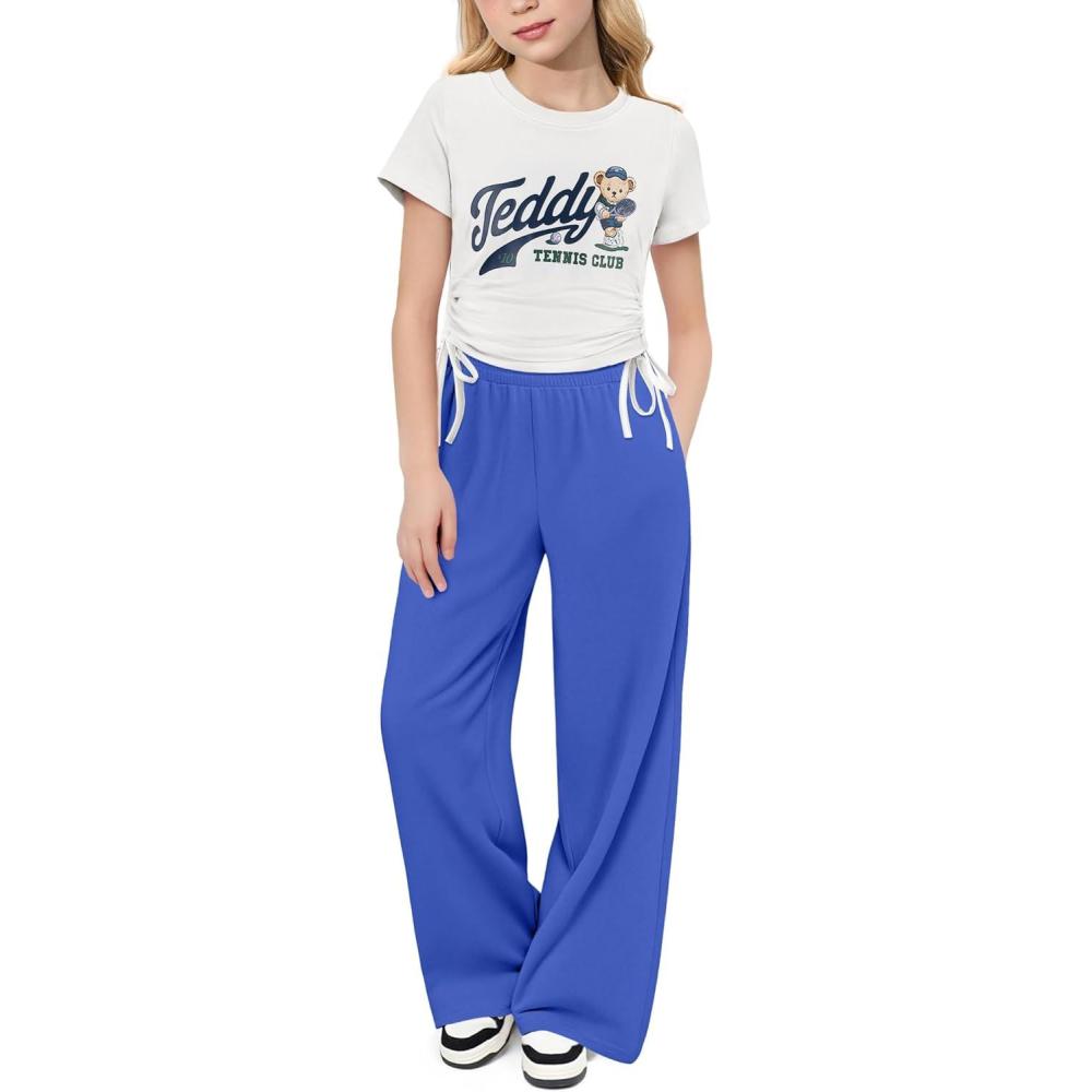 imageArshiner Girls 2 Piece Outfits Short Sleeve Ruched Drawstring Crewneck Tops and Wide Leg Pants with Pockets Clothing SetsWhiteblue