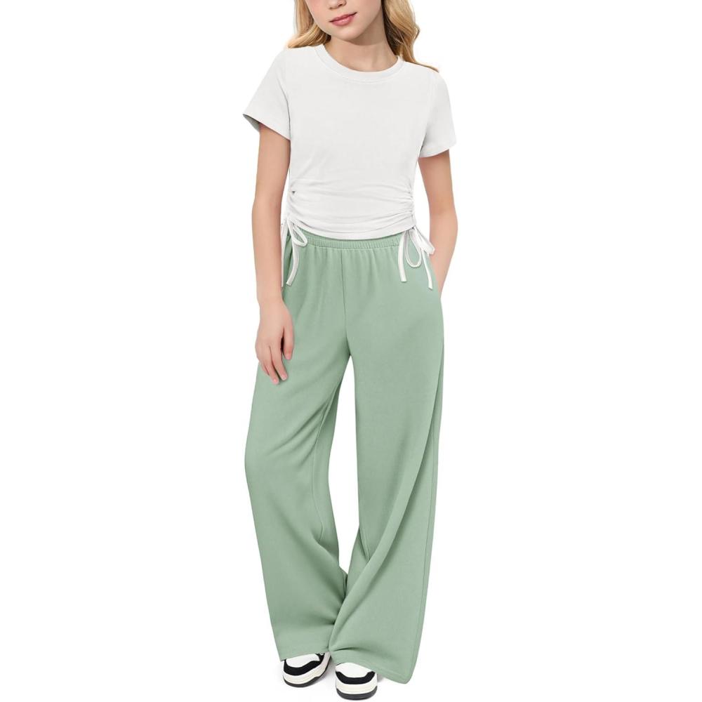 imageArshiner Girls 2 Piece Outfits Short Sleeve Ruched Drawstring Crewneck Tops and Wide Leg Pants with Pockets Clothing SetsWhitelight Green