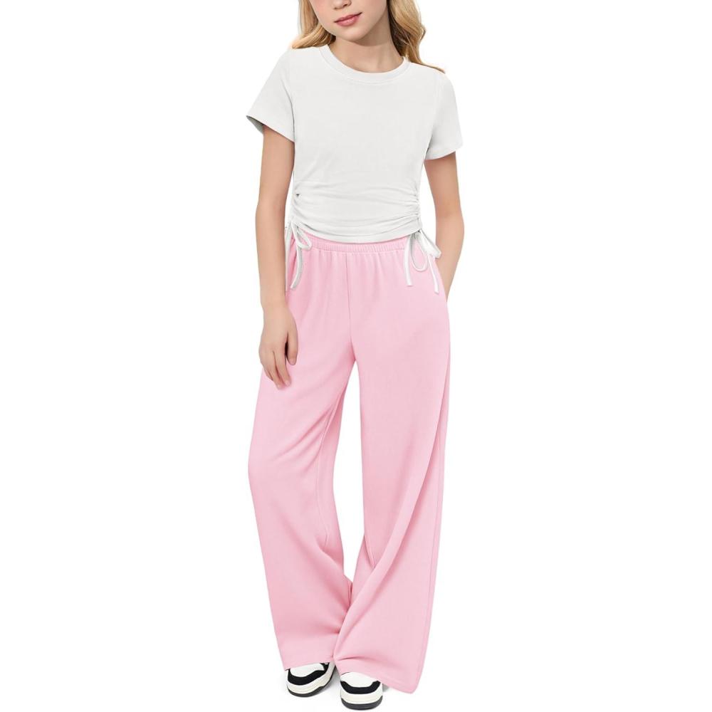 imageArshiner Girls 2 Piece Outfits Short Sleeve Ruched Drawstring Crewneck Tops and Wide Leg Pants with Pockets Clothing SetsWhitepink