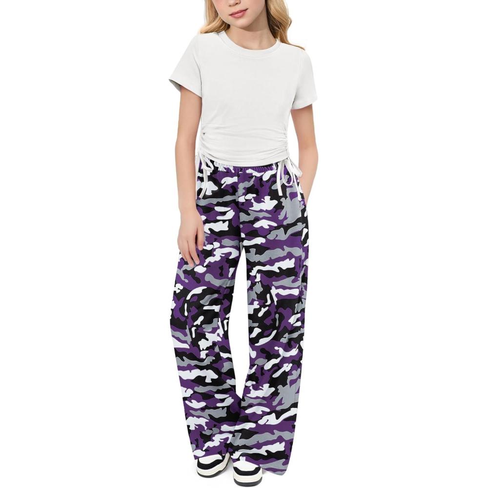 imageArshiner Girls 2 Piece Outfits Short Sleeve Ruched Drawstring Crewneck Tops and Wide Leg Pants with Pockets Clothing SetsWhitepurple Camouflage