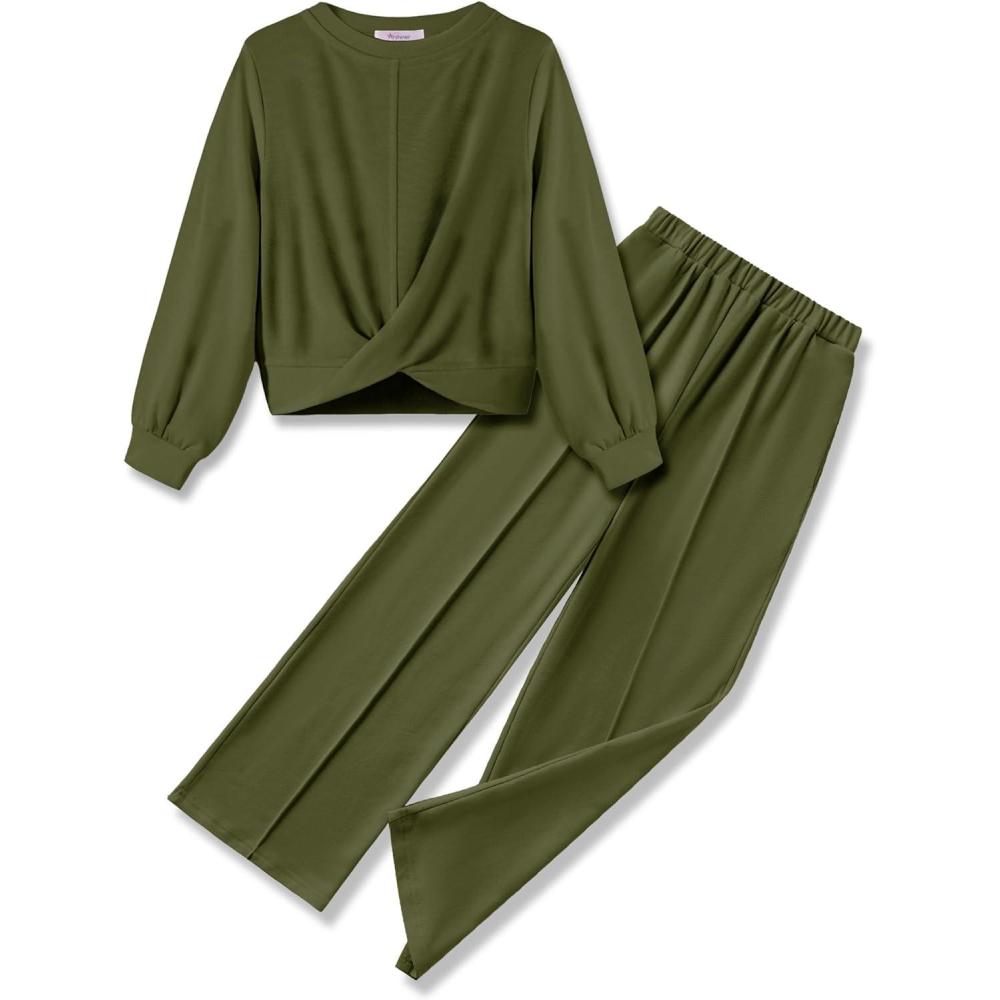 imageArshiner Girls 2 Piece Outfits Sweatsuit Set Twist Front Sweatshirt Wide Leg Sweatpants Tracksuit with PocketsArmy Green