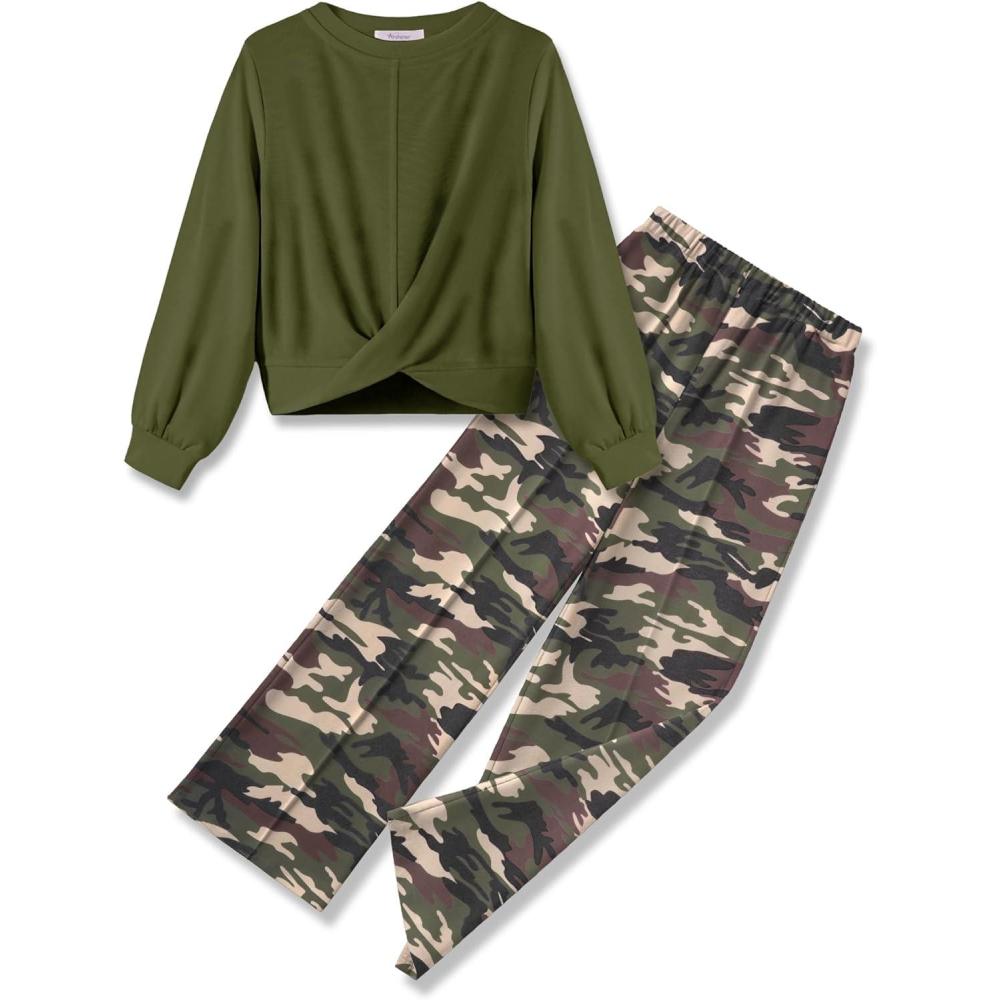 imageArshiner Girls 2 Piece Outfits Sweatsuit Set Twist Front Sweatshirt Wide Leg Sweatpants Tracksuit with PocketsArmy Greencamo