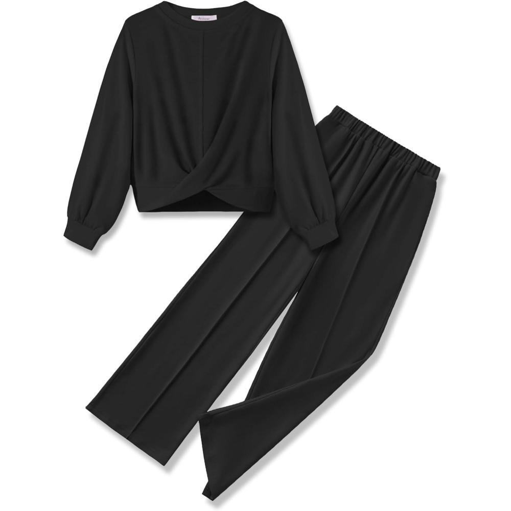 imageArshiner Girls 2 Piece Outfits Sweatsuit Set Twist Front Sweatshirt Wide Leg Sweatpants Tracksuit with PocketsBlack