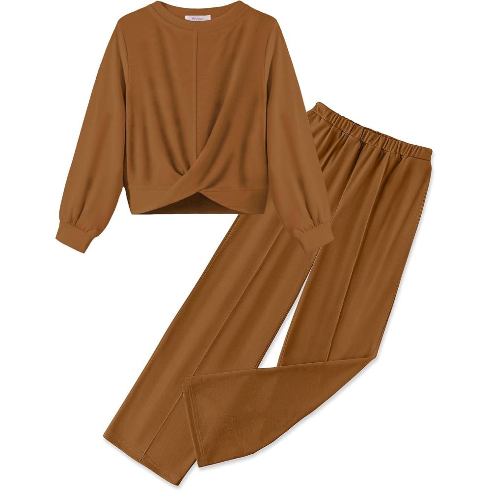 imageArshiner Girls 2 Piece Outfits Sweatsuit Set Twist Front Sweatshirt Wide Leg Sweatpants Tracksuit with PocketsBrown