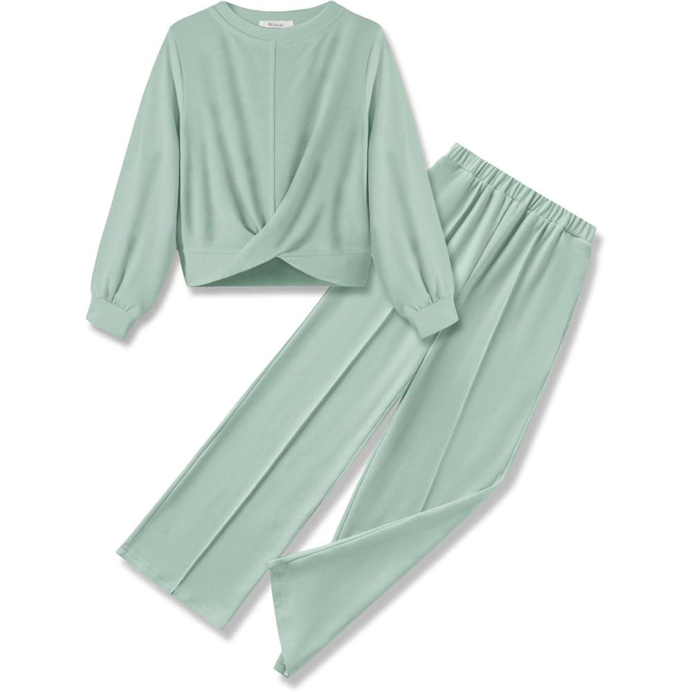 imageArshiner Girls 2 Piece Outfits Sweatsuit Set Twist Front Sweatshirt Wide Leg Sweatpants Tracksuit with PocketsLight Green