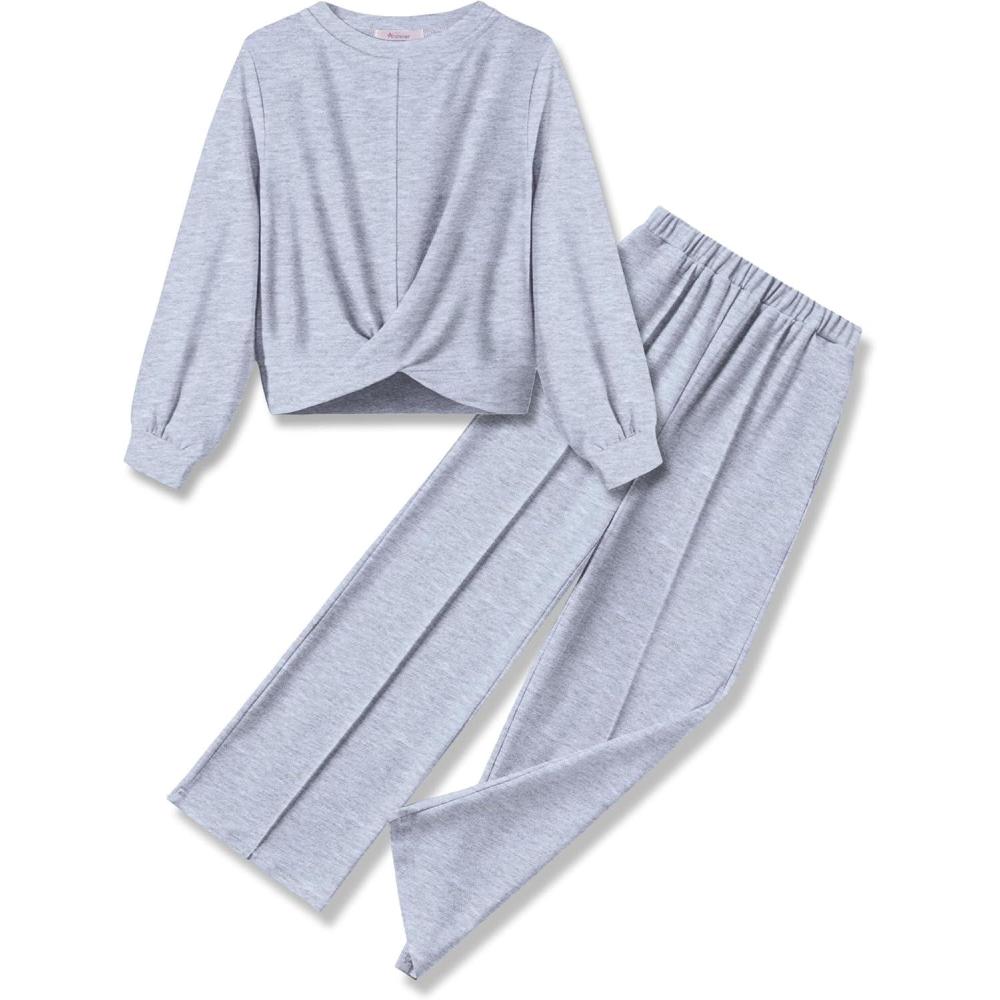 imageArshiner Girls 2 Piece Outfits Sweatsuit Set Twist Front Sweatshirt Wide Leg Sweatpants Tracksuit with PocketsLight Grey