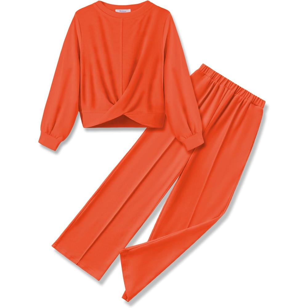 imageArshiner Girls 2 Piece Outfits Sweatsuit Set Twist Front Sweatshirt Wide Leg Sweatpants Tracksuit with PocketsOrange