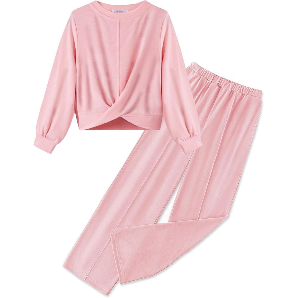 imageArshiner Girls 2 Piece Outfits Sweatsuit Set Twist Front Sweatshirt Wide Leg Sweatpants Tracksuit with PocketsPink