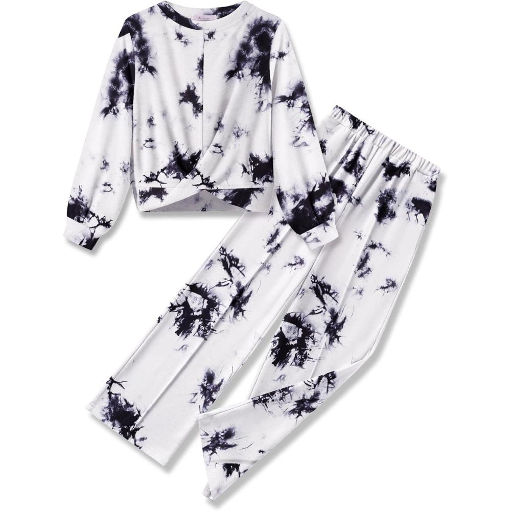 imageArshiner Girls 2 Piece Outfits Sweatsuit Set Twist Front Sweatshirt Wide Leg Sweatpants Tracksuit with PocketsTie Dyeblackwhite