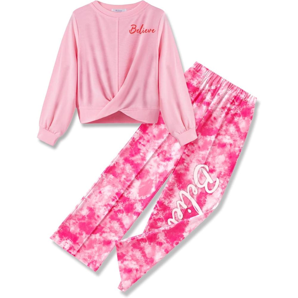imageArshiner Girls 2 Piece Outfits Sweatsuit Set Twist Front Sweatshirt Wide Leg Sweatpants Tracksuit with PocketsTie Dyerosepink