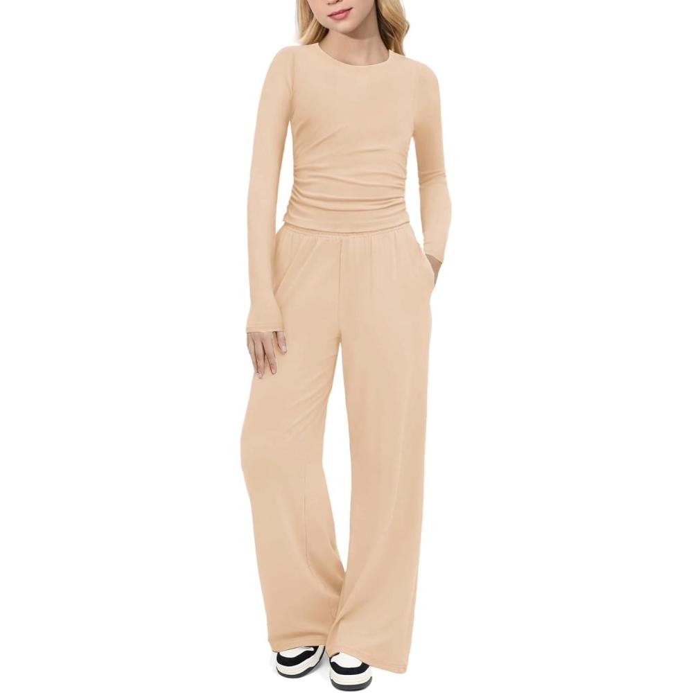 imageArshiner Girls 2 Piece Set Fall Outfits Lounge Sets Ruched Long Sleeve Top Wide Leg Pants Sweatsuit Clothing SetBeige