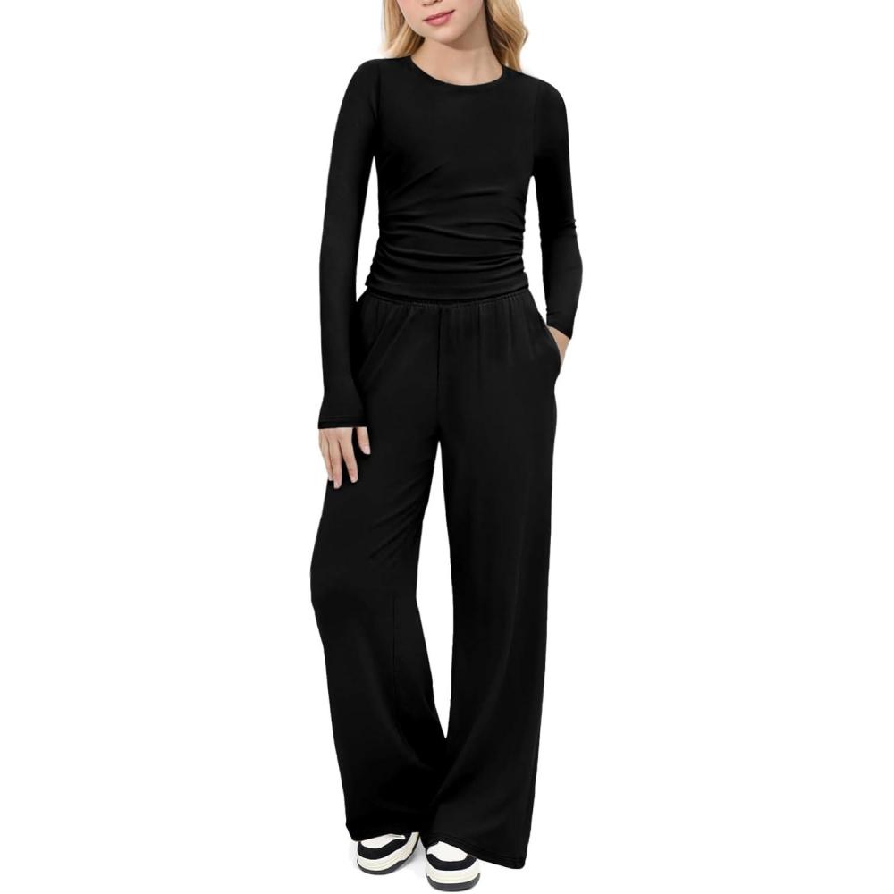 imageArshiner Girls 2 Piece Set Fall Outfits Lounge Sets Ruched Long Sleeve Top Wide Leg Pants Sweatsuit Clothing SetBlack