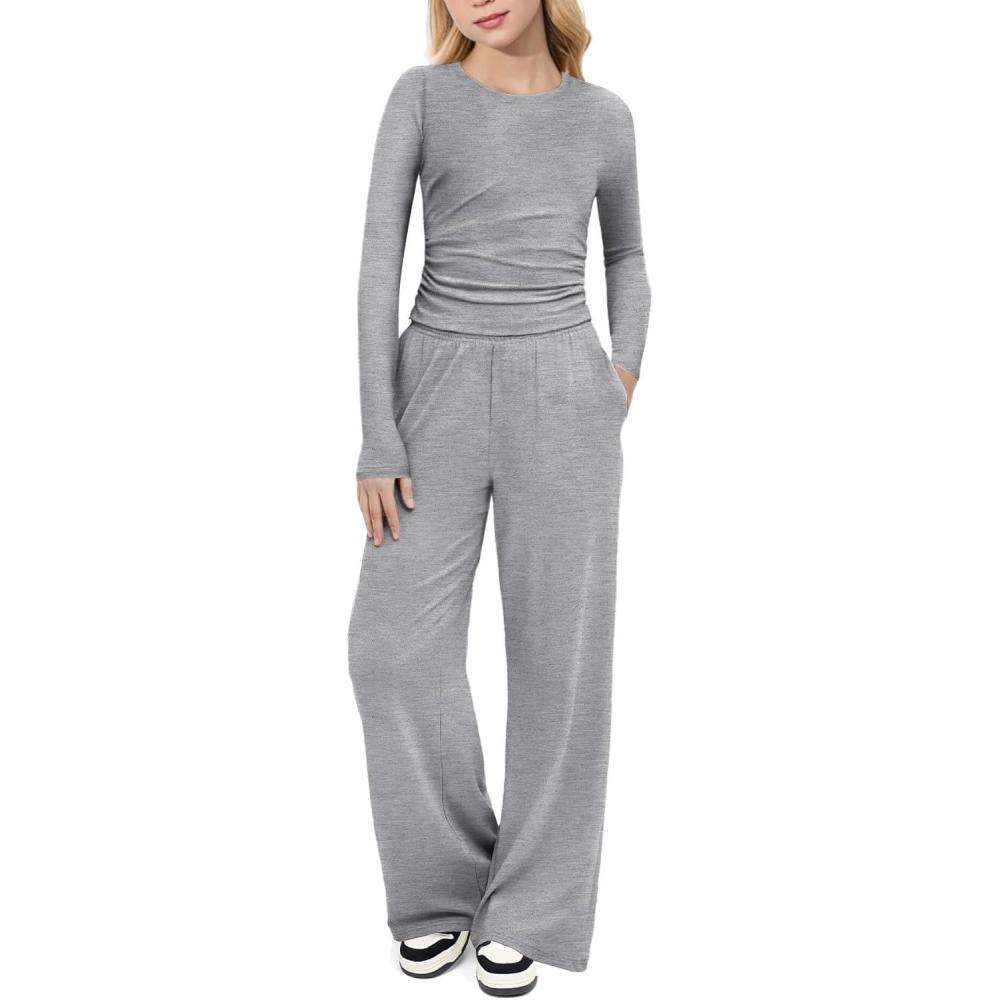 imageArshiner Girls 2 Piece Set Fall Outfits Lounge Sets Ruched Long Sleeve Top Wide Leg Pants Sweatsuit Clothing SetLight Gray
