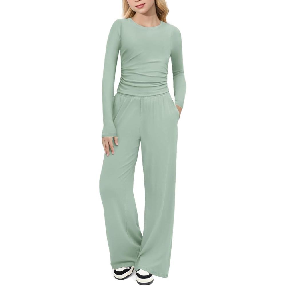 imageArshiner Girls 2 Piece Set Fall Outfits Lounge Sets Ruched Long Sleeve Top Wide Leg Pants Sweatsuit Clothing SetLight Green