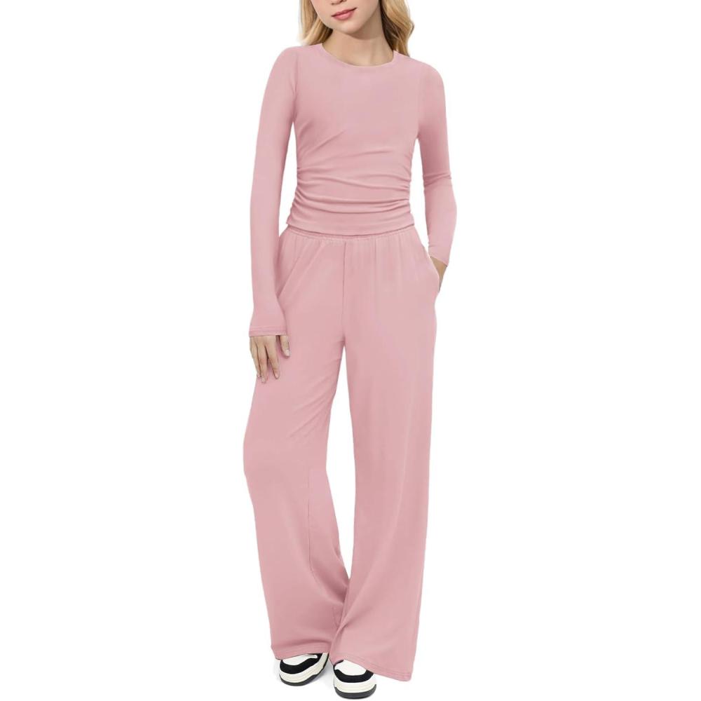 imageArshiner Girls 2 Piece Set Fall Outfits Lounge Sets Ruched Long Sleeve Top Wide Leg Pants Sweatsuit Clothing SetLight Pink