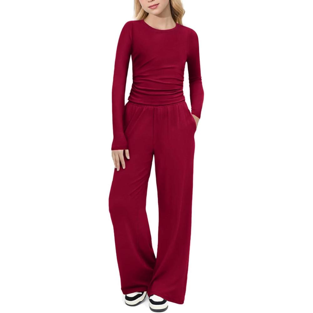 imageArshiner Girls 2 Piece Set Fall Outfits Lounge Sets Ruched Long Sleeve Top Wide Leg Pants Sweatsuit Clothing SetRed