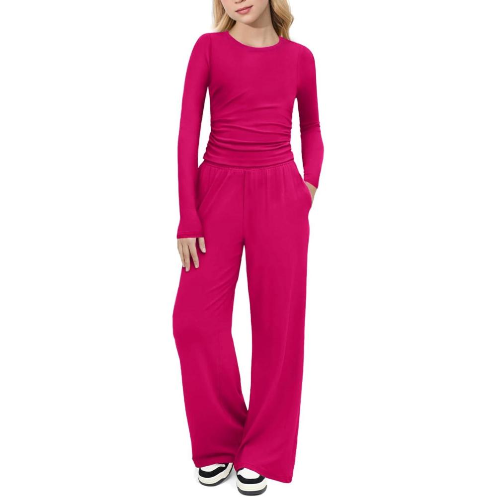 imageArshiner Girls 2 Piece Set Fall Outfits Lounge Sets Ruched Long Sleeve Top Wide Leg Pants Sweatsuit Clothing SetRose Red