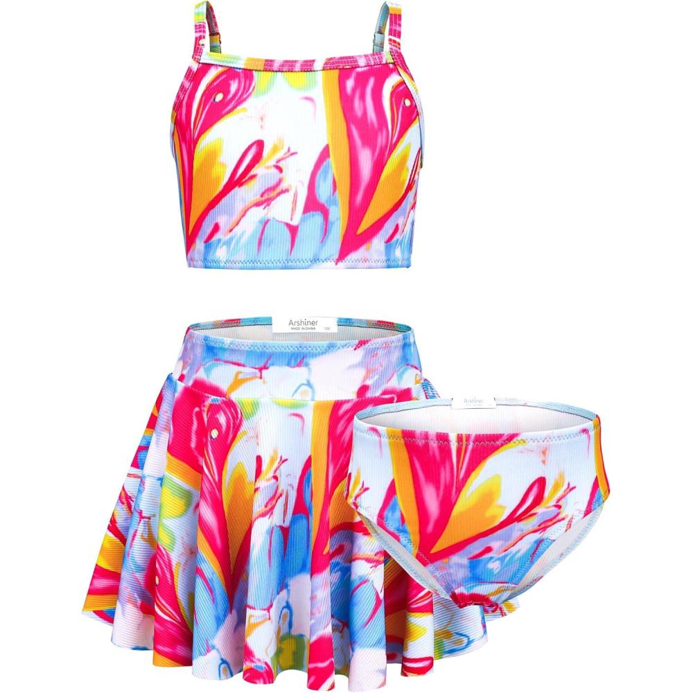 imageArshiner Girls 3 Piece Swimsuit for Teen Girl Tankini Swimsuits Bathing Suit Beach Floral Bikini Swimwear with SkirtColorful  Painting
