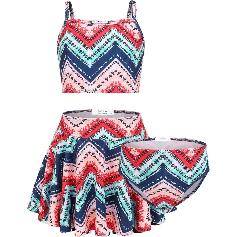 imageArshiner Girls 3 Piece Swimsuit for Teen Girl Tankini Swimsuits Bathing Suit Beach Floral Bikini Swimwear with SkirtColorful Tribal