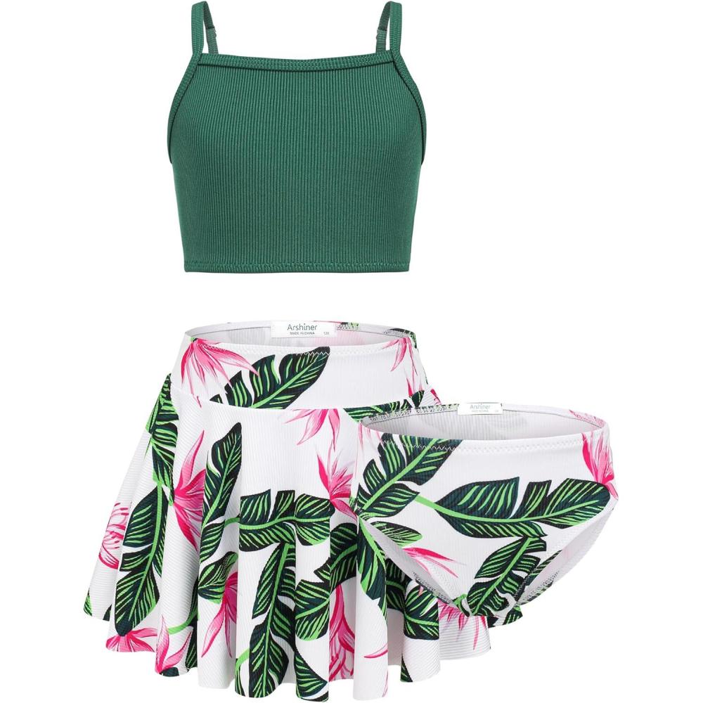 imageArshiner Girls 3 Piece Swimsuit for Teen Girl Tankini Swimsuits Bathing Suit Beach Floral Bikini Swimwear with SkirtDark Green Hawaii