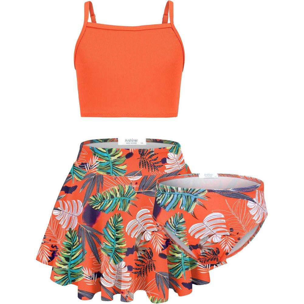 imageArshiner Girls 3 Piece Swimsuit for Teen Girl Tankini Swimsuits Bathing Suit Beach Floral Bikini Swimwear with SkirtOrange Red Leaf