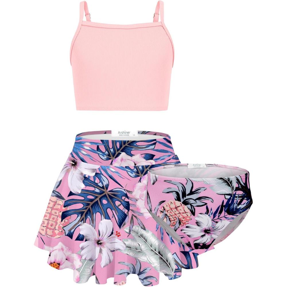 imageArshiner Girls 3 Piece Swimsuit for Teen Girl Tankini Swimsuits Bathing Suit Beach Floral Bikini Swimwear with SkirtPink Flower