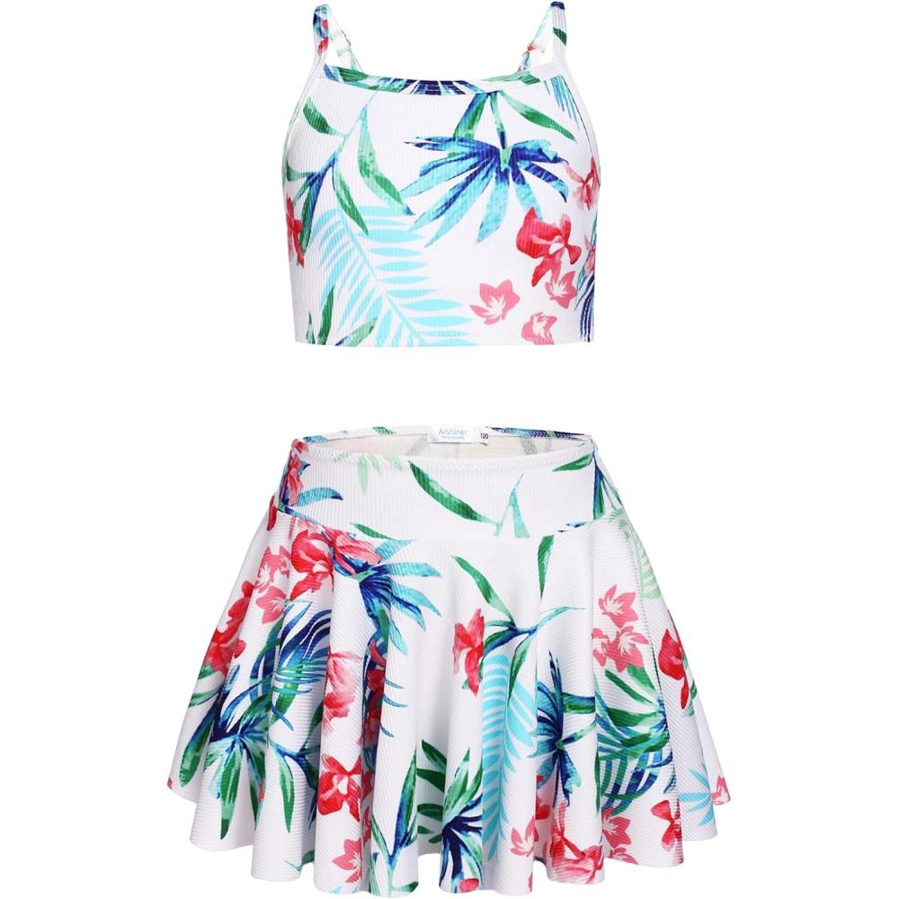 imageArshiner Girls 3 Piece Swimsuit for Teen Girl Tankini Swimsuits Bathing Suit Beach Floral Bikini Swimwear with SkirtWhitefloral