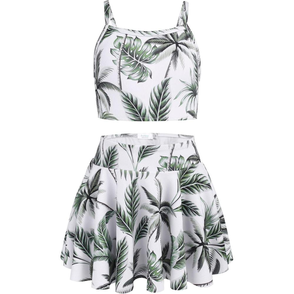 imageArshiner Girls 3 Piece Swimsuit for Teen Girl Tankini Swimsuits Bathing Suit Beach Floral Bikini Swimwear with SkirtWhiteleaves