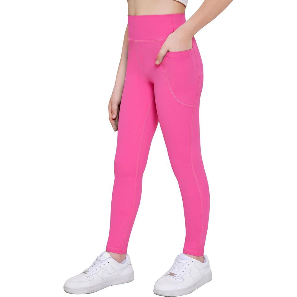 imageArshiner Girls Athletic Leggings High Waist Yoga Pants for Kids with Pockets Dance Running Workout TightsHot Pink
