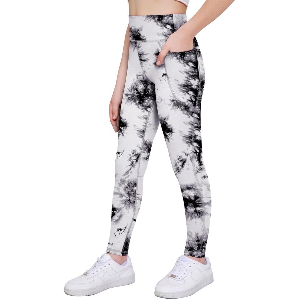 imageArshiner Girls Athletic Leggings High Waist Yoga Pants for Kids with Pockets Dance Running Workout TightsTie Dye Black and White