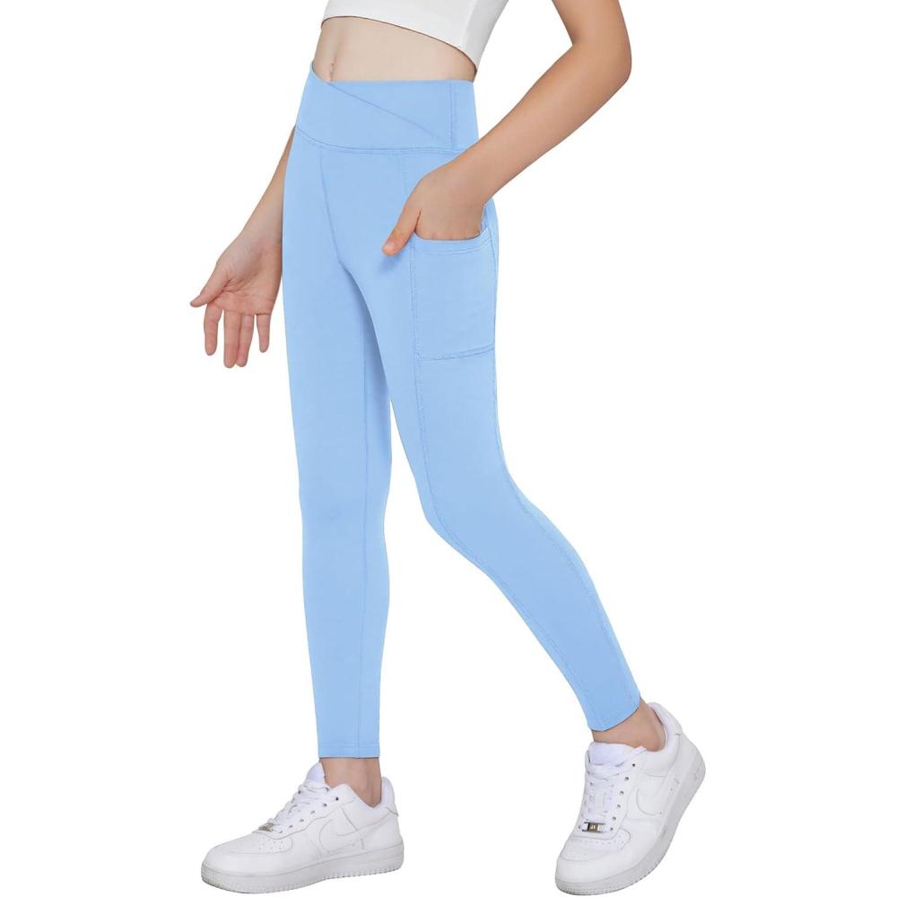 imageArshiner Girls Athletic Leggings with Pockets Kids Crossover High Waisted Dance Workout Running Yoga PantsBlue