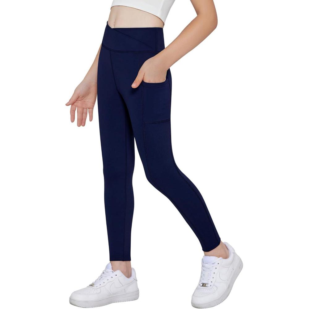 imageArshiner Girls Athletic Leggings with Pockets Kids Crossover High Waisted Dance Workout Running Yoga PantsNavy Blue