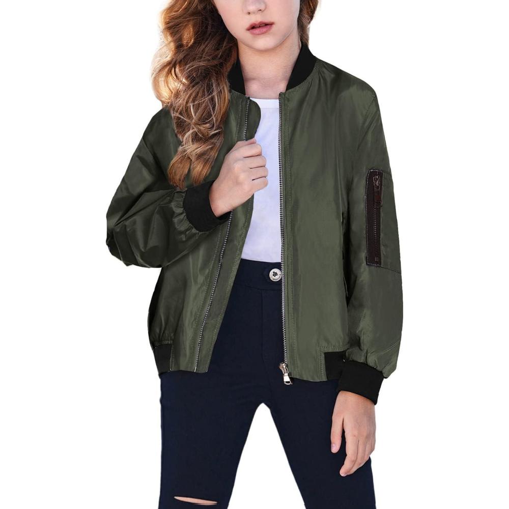 imageArshiner Girls Bomber Jacket Casual Coat Zip Up Outerwear with Pockets for 412 YearsArmy Green
