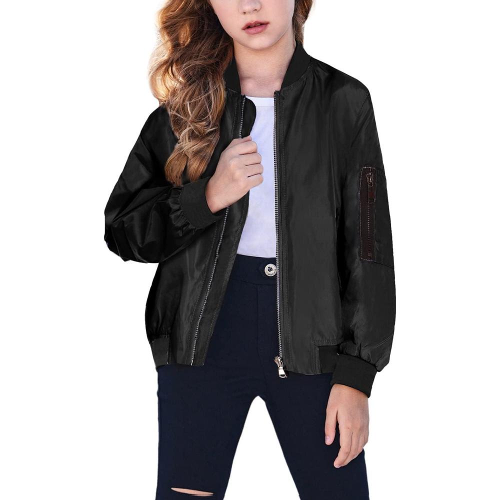 imageArshiner Girls Bomber Jacket Casual Coat Zip Up Outerwear with Pockets for 412 YearsBlack