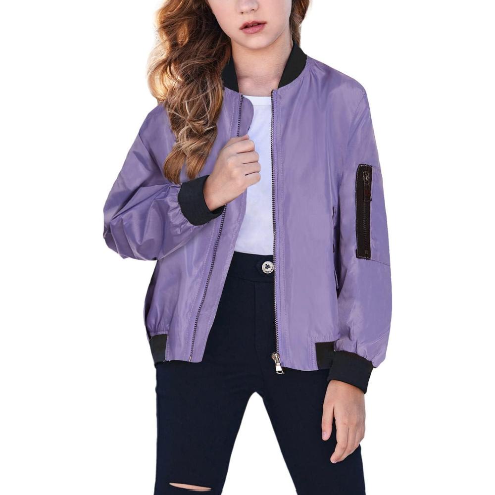 imageArshiner Girls Bomber Jacket Casual Coat Zip Up Outerwear with Pockets for 412 YearsPurple
